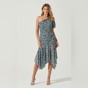 SANTORINI FLORAL ONE SHOULDER MIDI DRESS